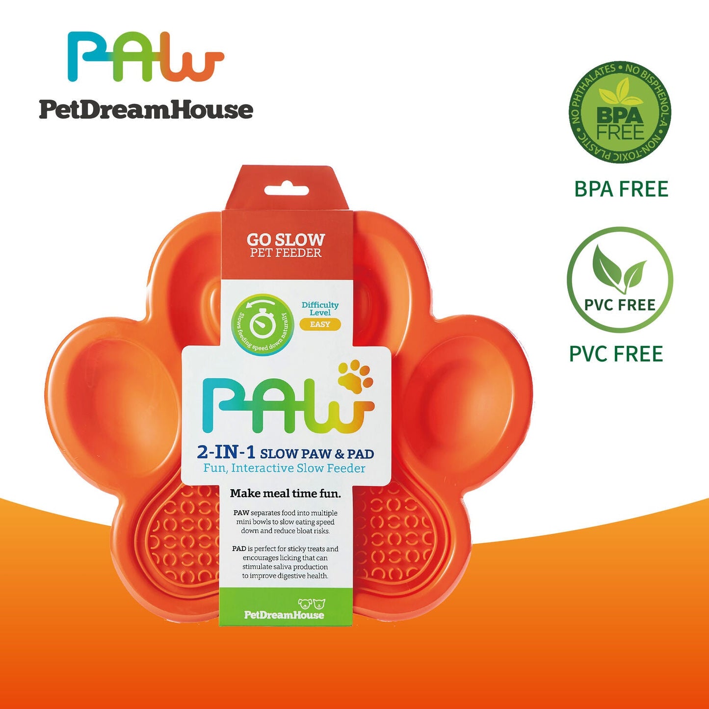 PAW 2-IN-1 Slow Feeder & Lick Pad - Orange (Easy)
