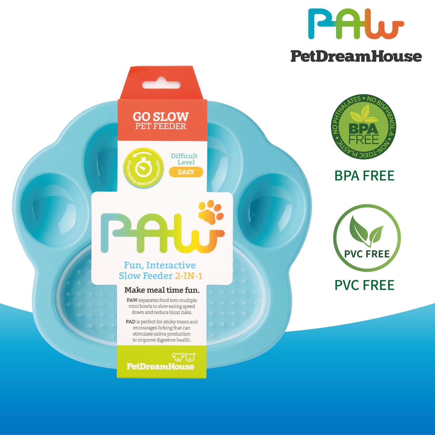 PAW 2-IN-1 Mini Slow Feeder & Lick Pad - Blue (Easy)